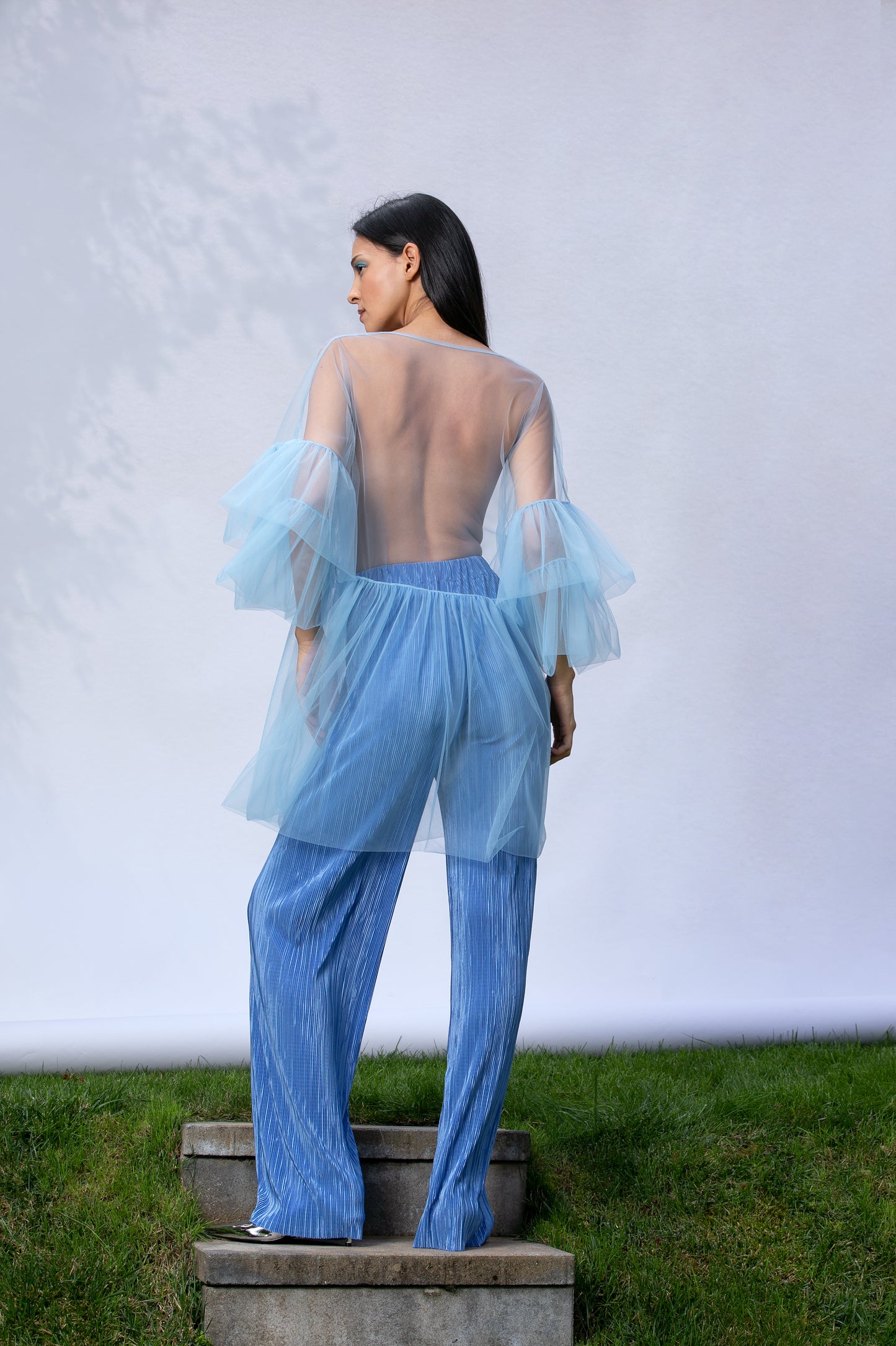 Blue See Through Top and Wide Leg Pants