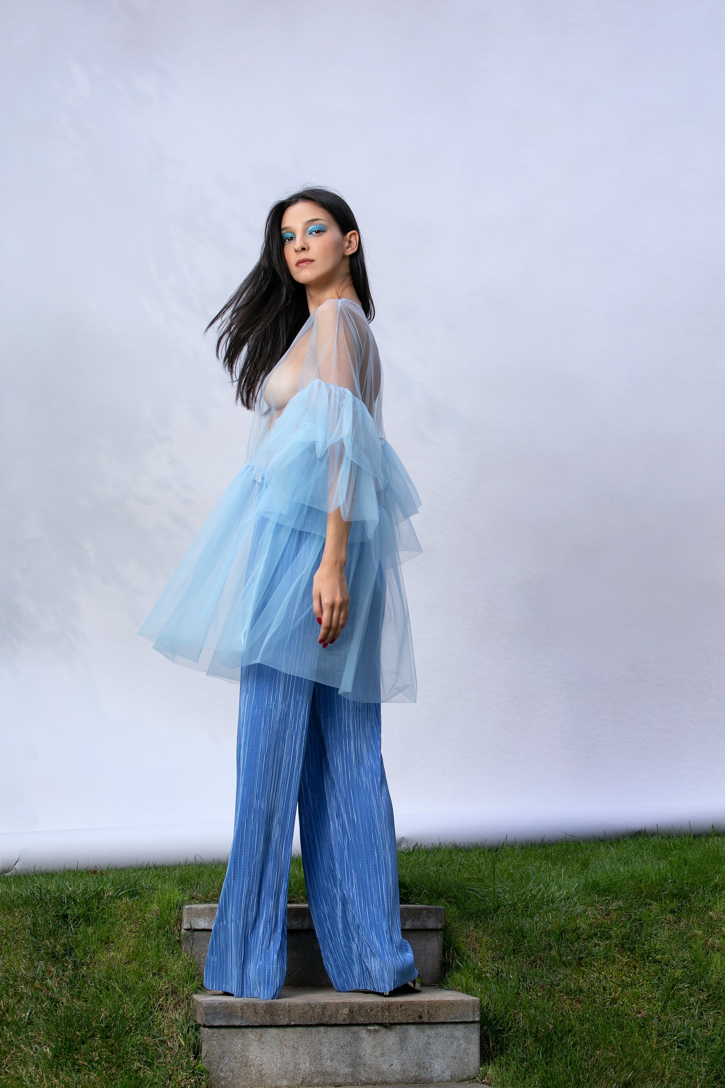 Blue See Through Top and Wide Leg Pants