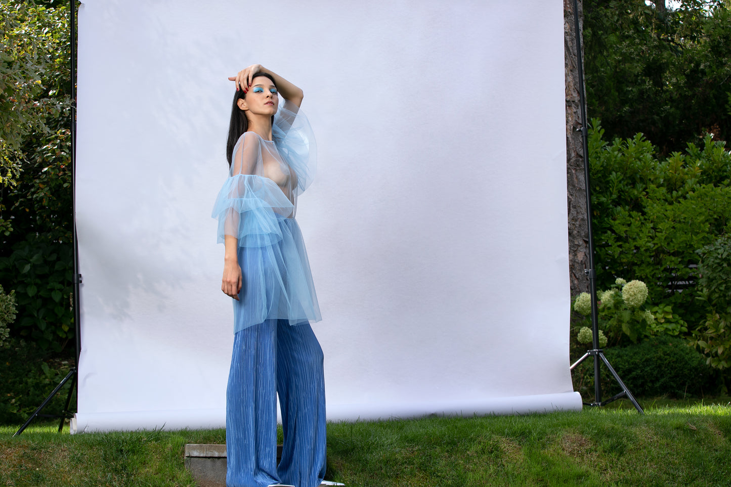 Blue See Through Top and Wide Leg Pants