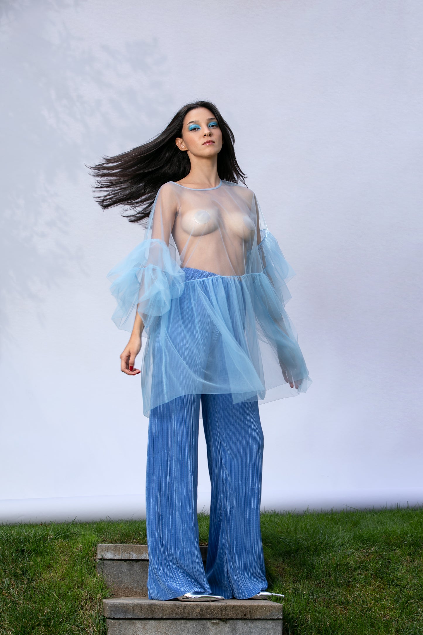 Blue See Through Top and Wide Leg Pants