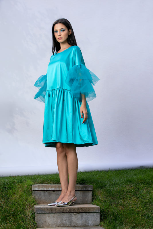 Satin Dress With Oversized Sleeves