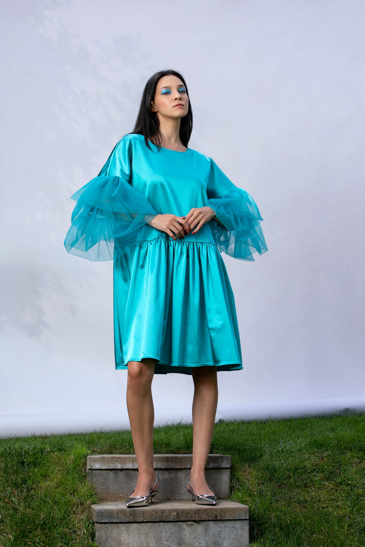 Satin Dress With Oversized Sleeves