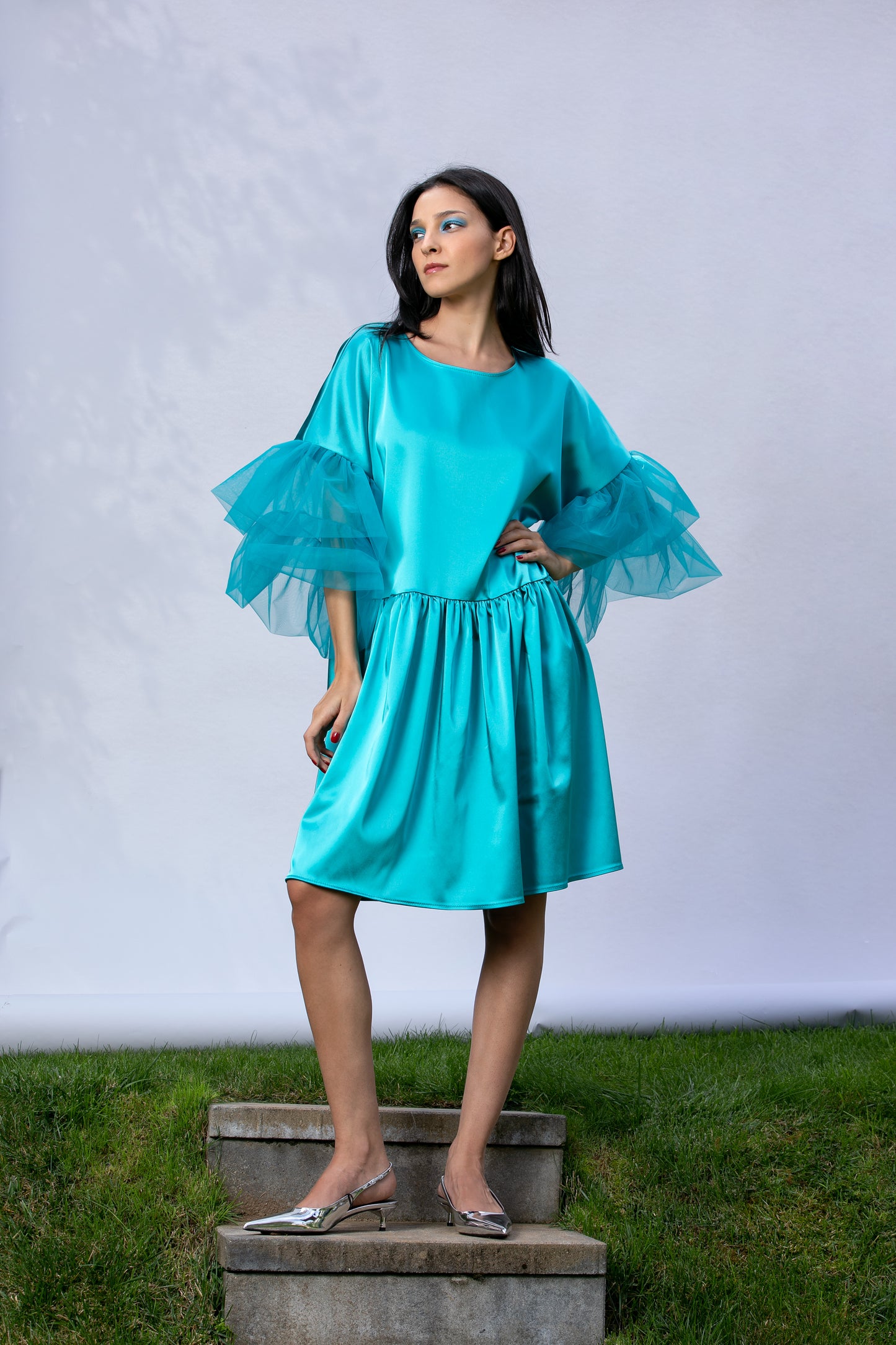 Satin Dress With Oversized Sleeves