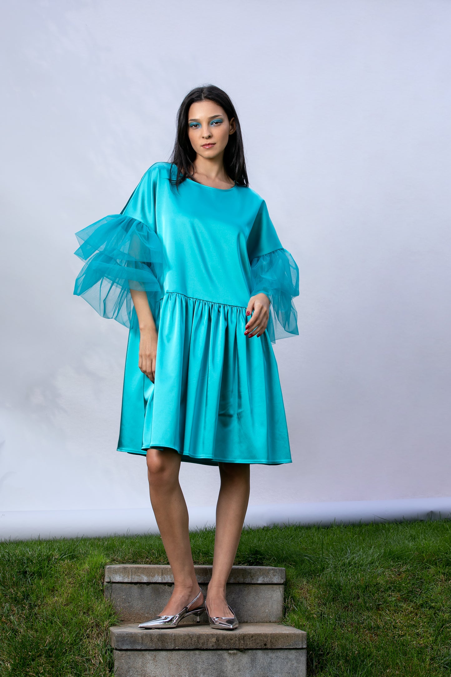 Satin Dress With Oversized Sleeves