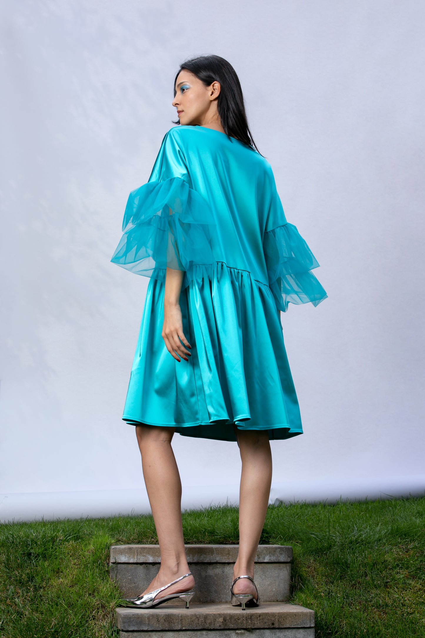 Satin Dress With Oversized Sleeves