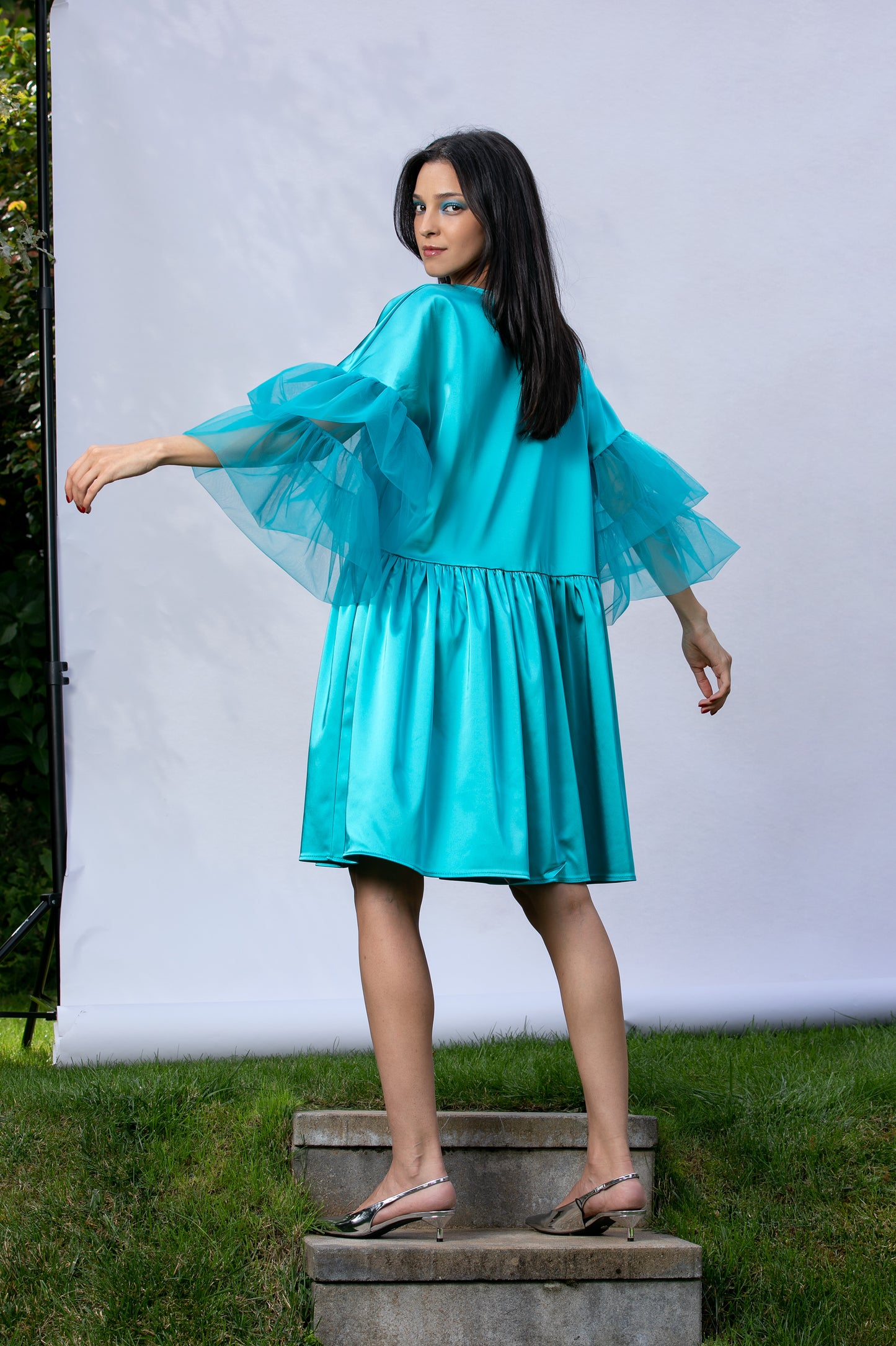 Satin Dress With Oversized Sleeves