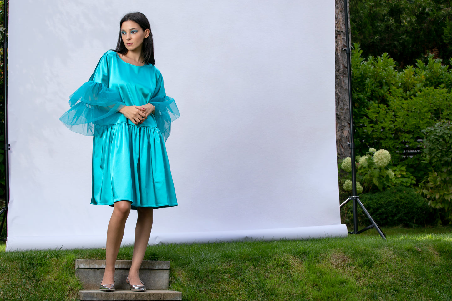 Satin Dress With Oversized Sleeves