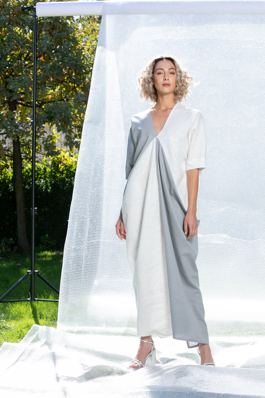 Long Linen Dress In Gray And White