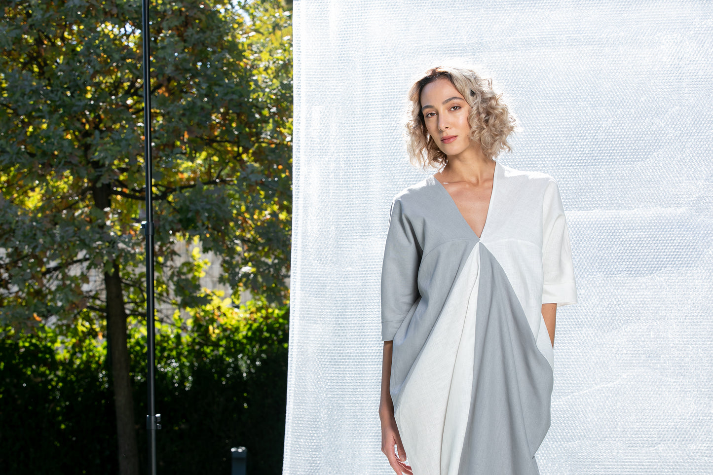 Long Linen Dress In Gray And White