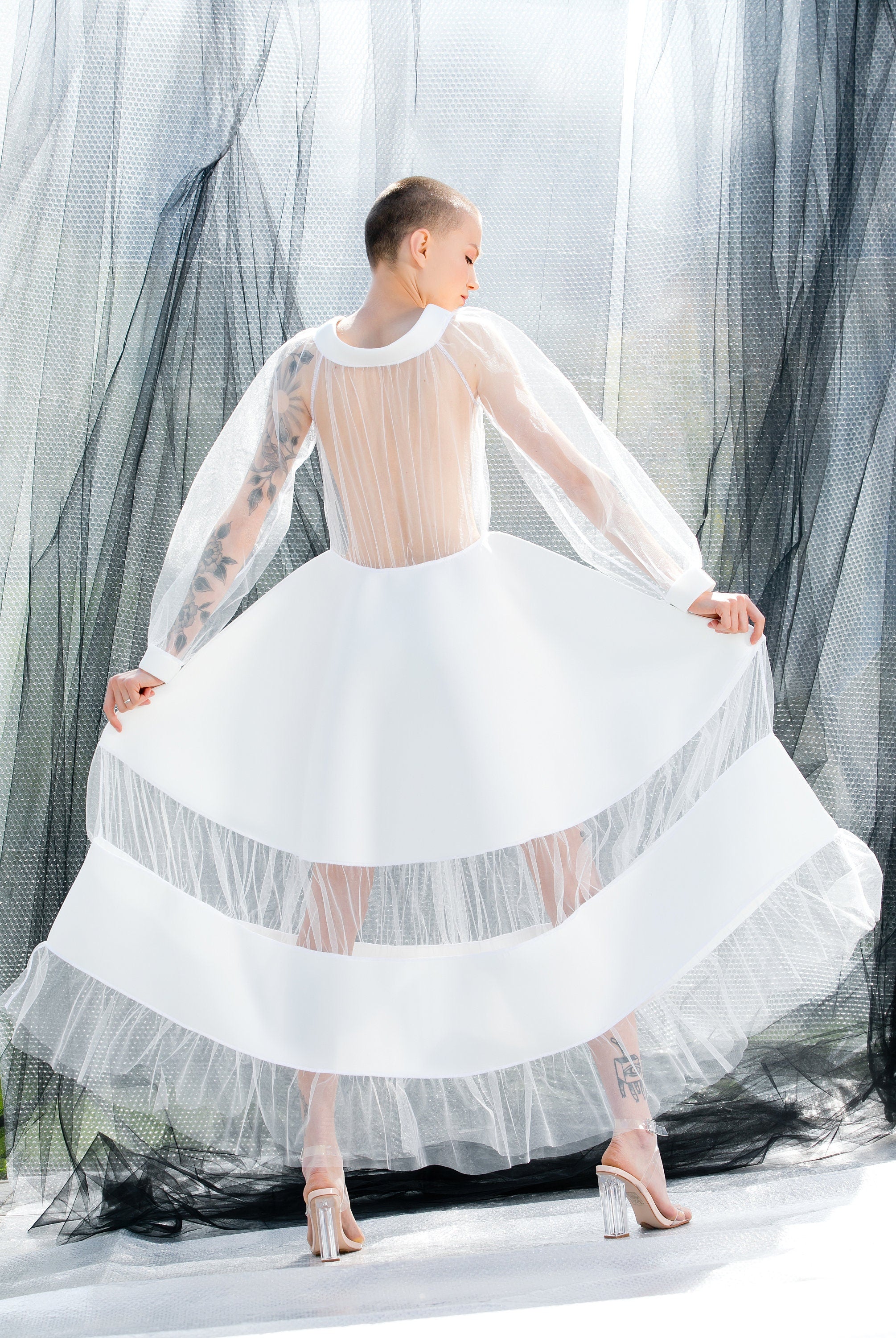 Women White Dress, Futuristic fashion Clothing, Sheer Dress, See Through Dress, Maxi Dress, Alternative Wedding Dress, Futuristic Wedding Dress