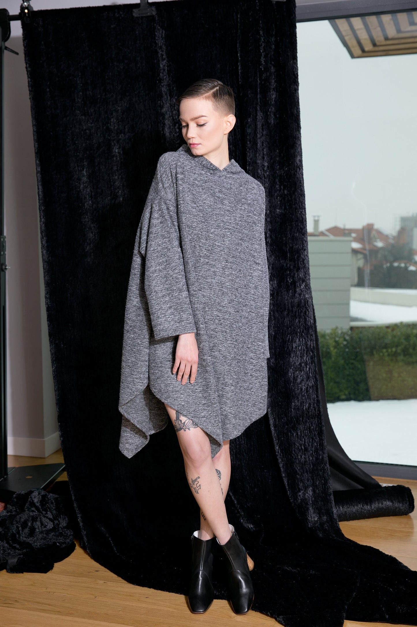 Hooded Poncho In Gray