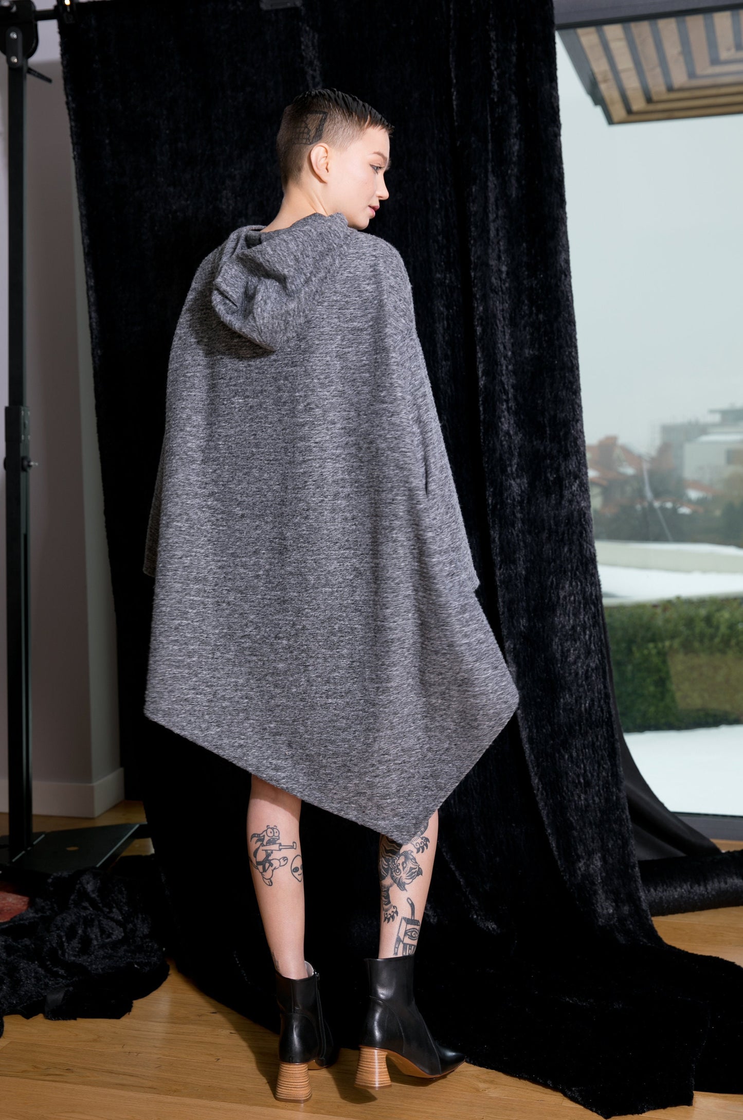 Hooded Poncho In Gray