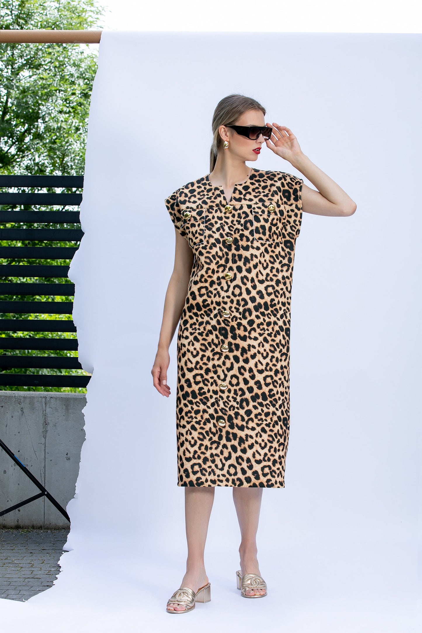 Neoprene Midi Dress with Leopard Print