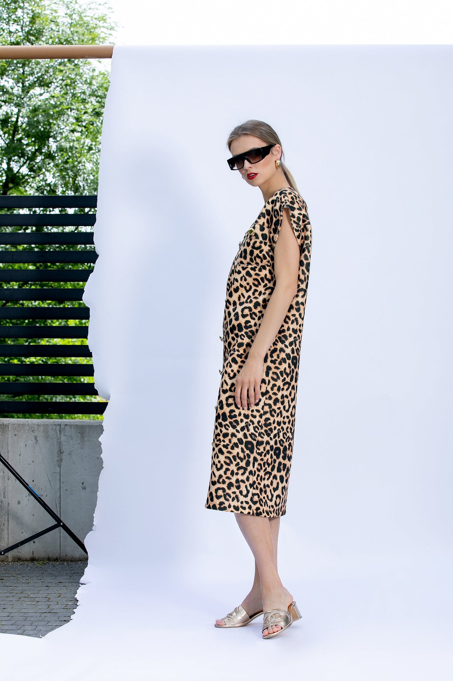 Neoprene Midi Dress with Leopard Print