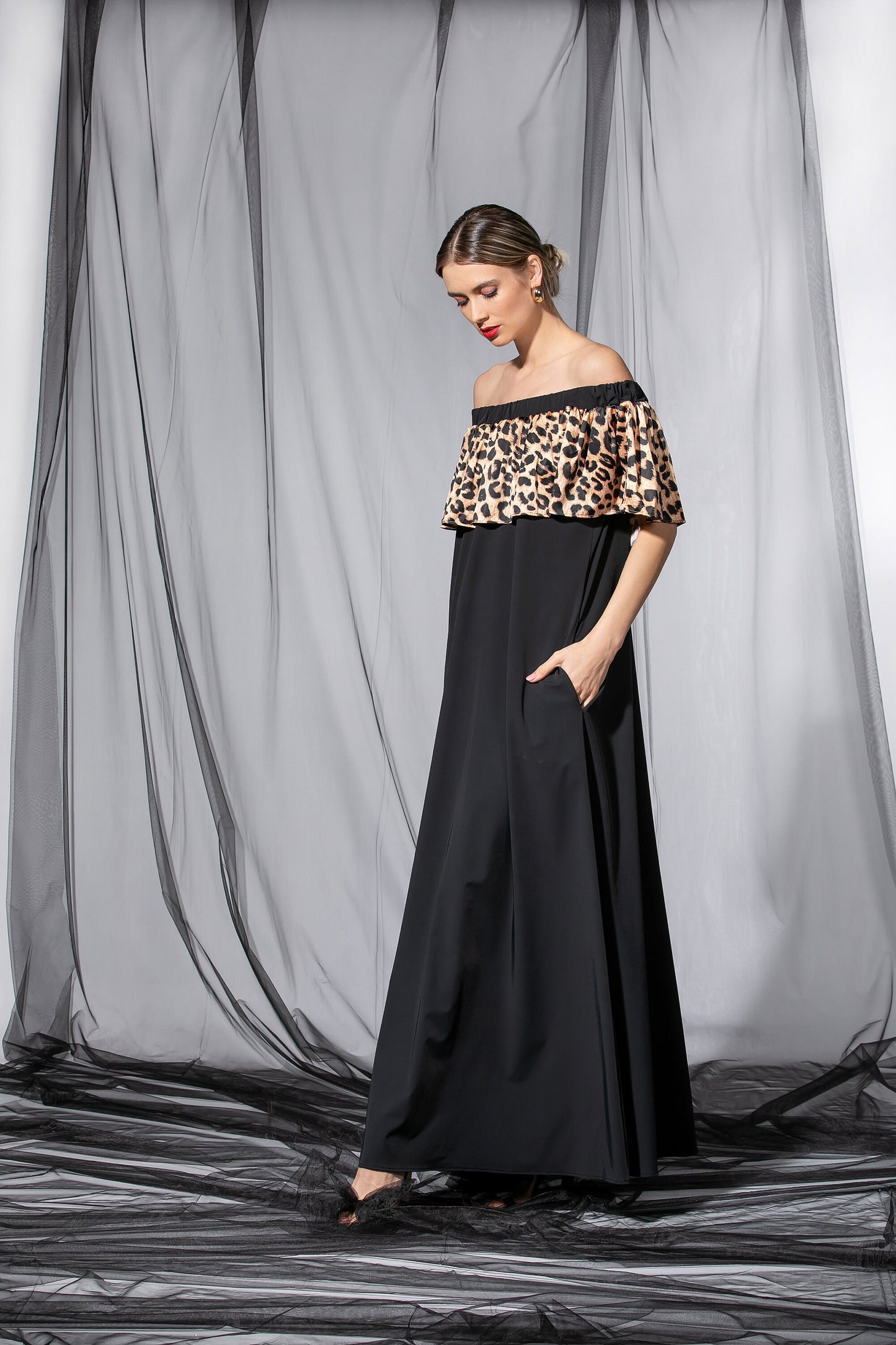 A line Maxi Dress with Leopard Ruffle