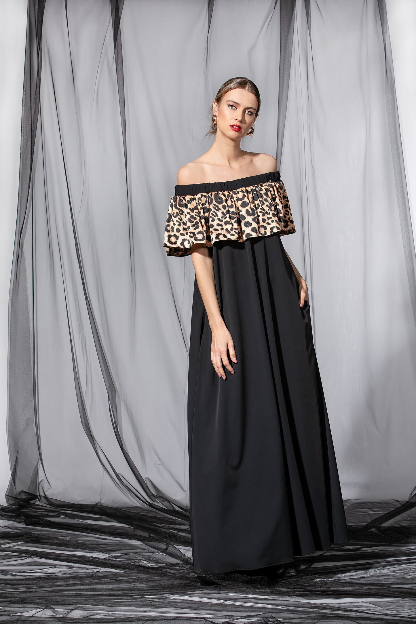 A line Maxi Dress with Leopard Ruffle