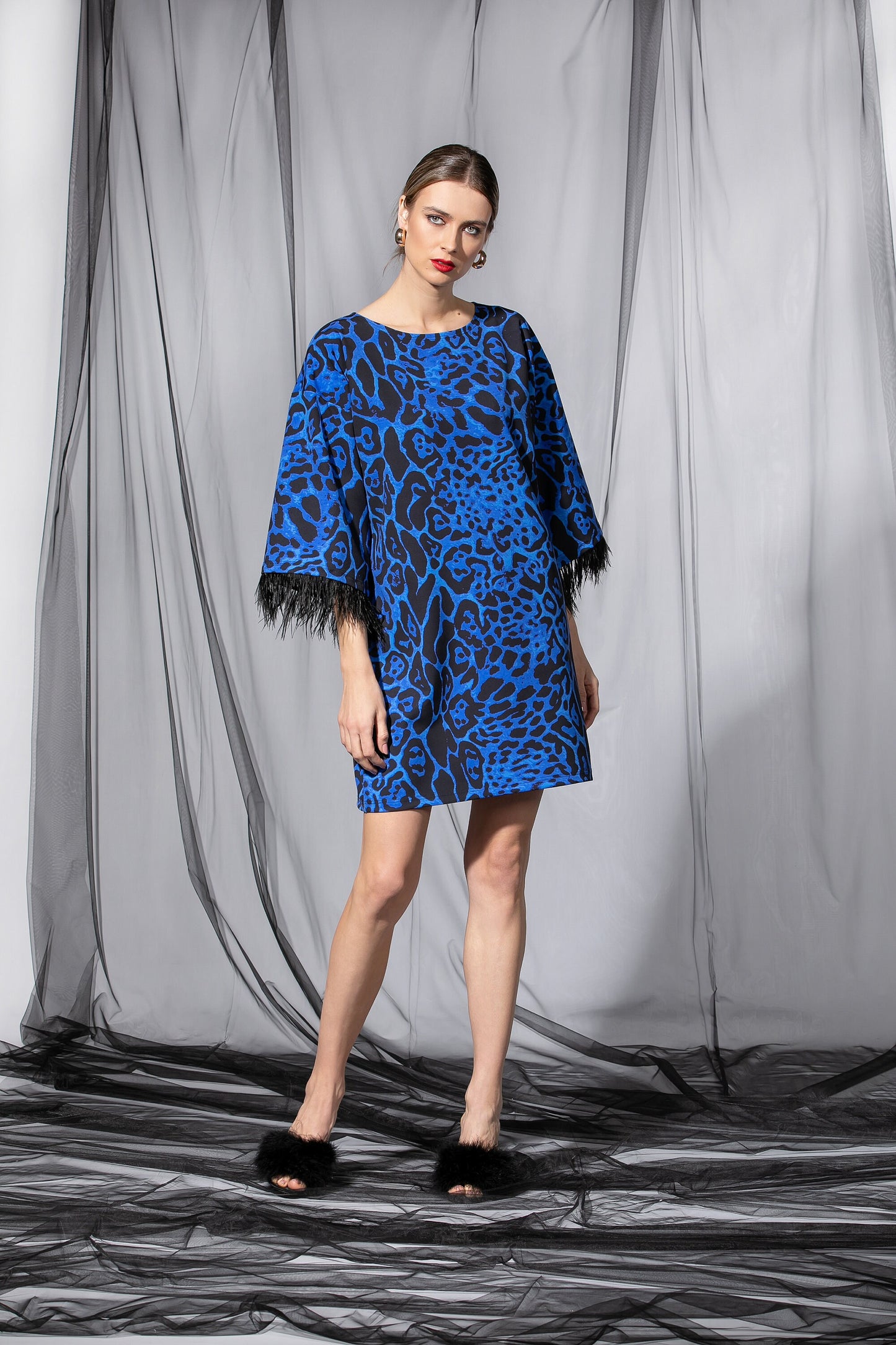 Royal Blue Animal Print Top with Feathers