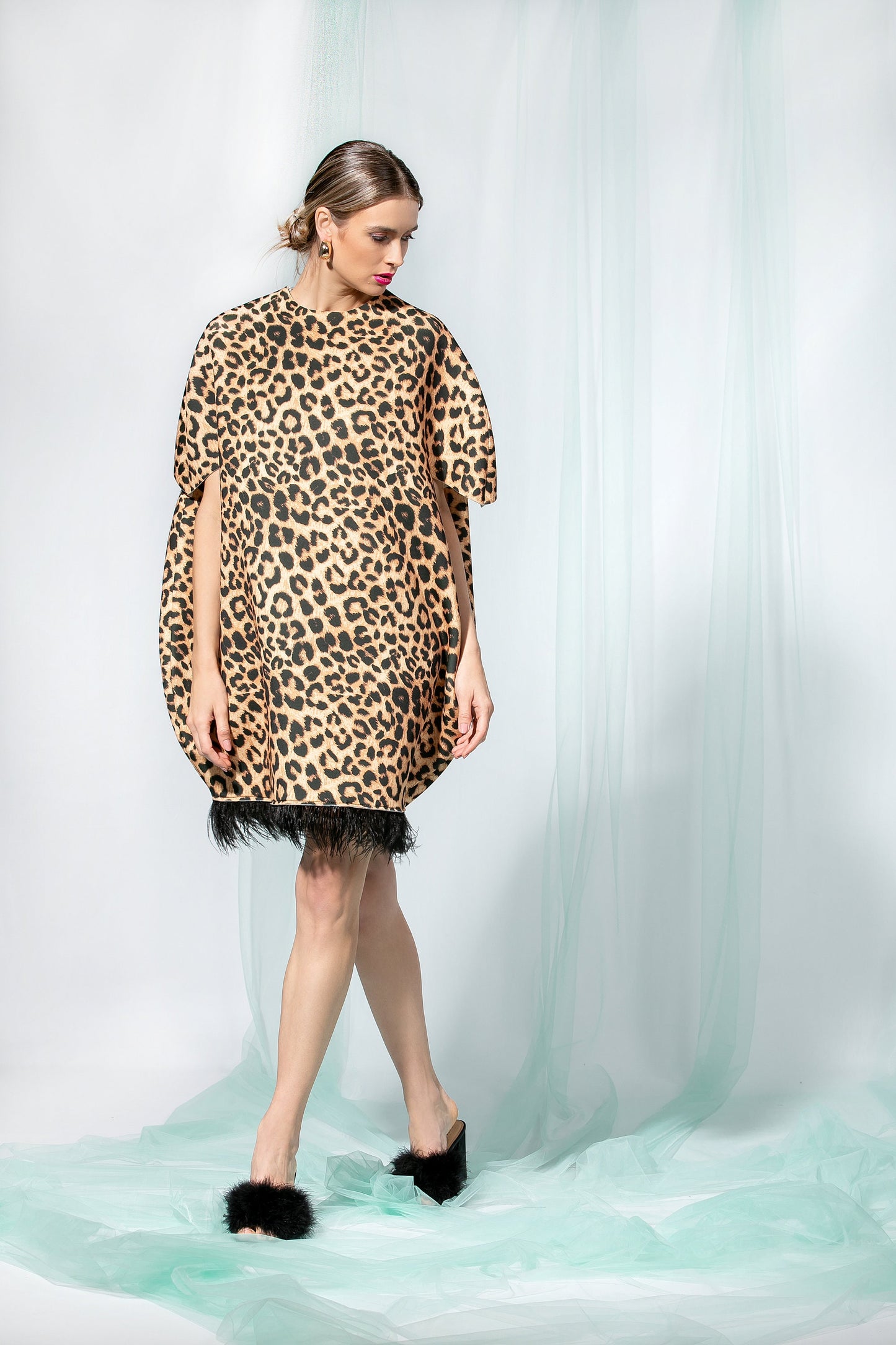 Animal Print Dress with Ostrich Feathers