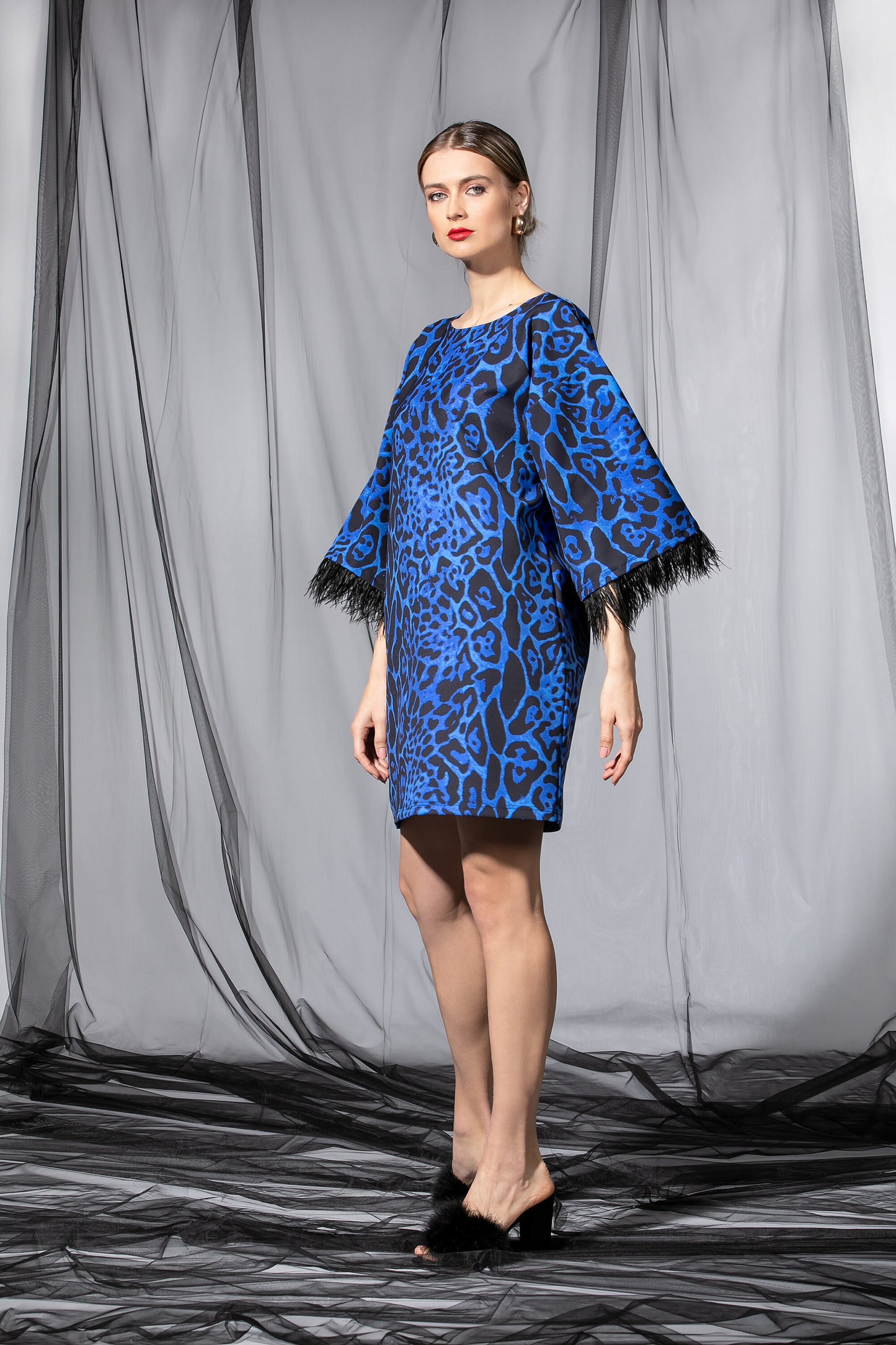 Royal Blue Animal Print Top with Feathers