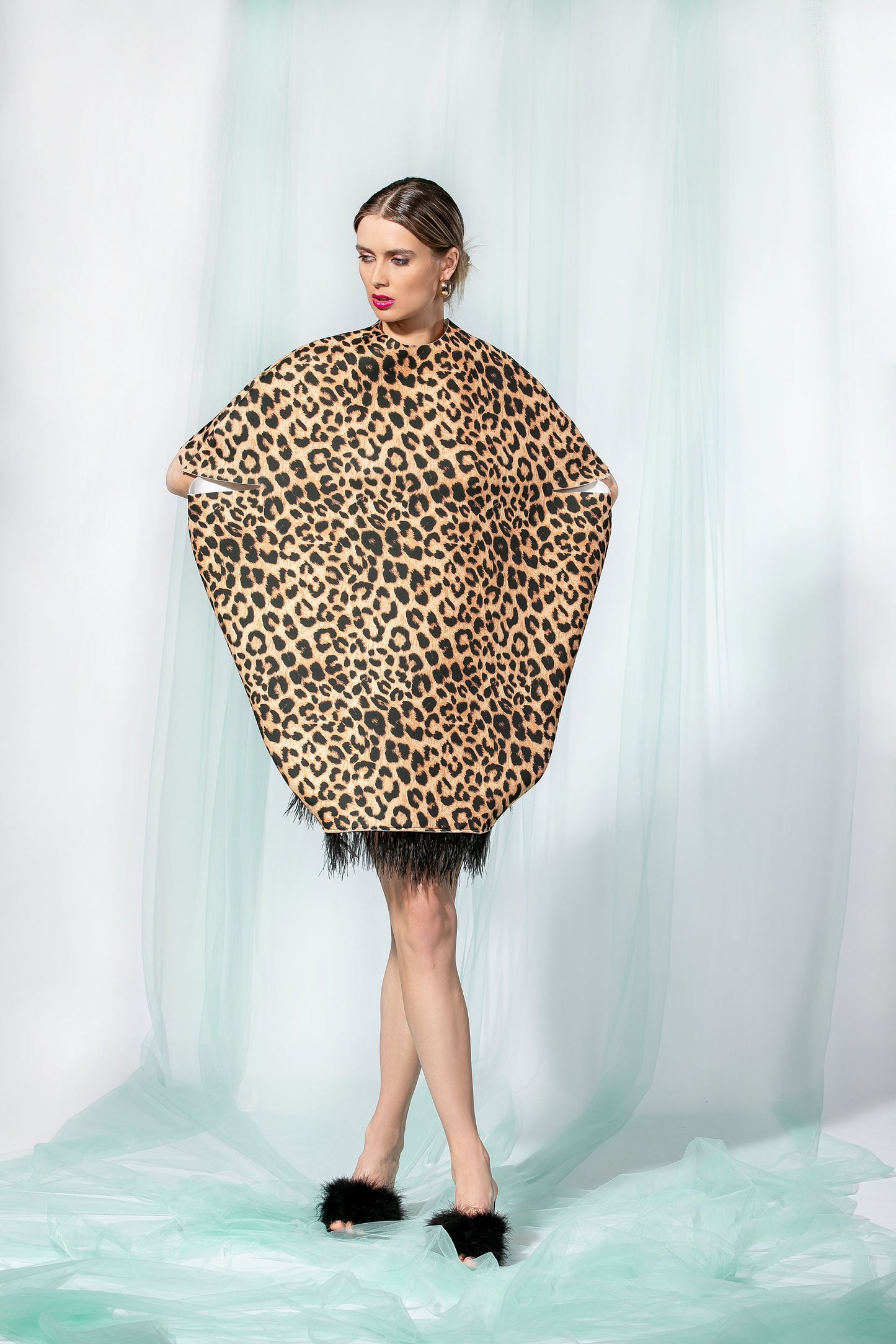 Animal Print Dress with Ostrich Feathers